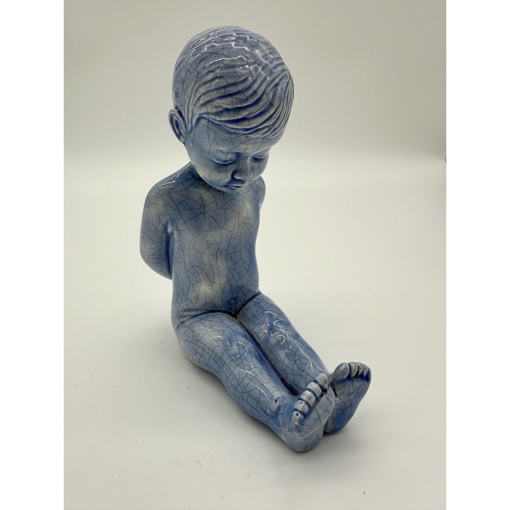 Art Deco Vintage Figurine Boy Seated Crackle Glaze Blue White 1966 7in